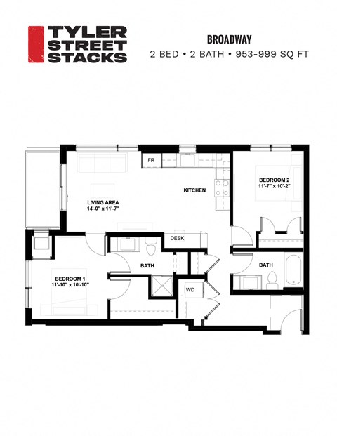 Floor plan for 2 beds, 2 baths, 953 sqft