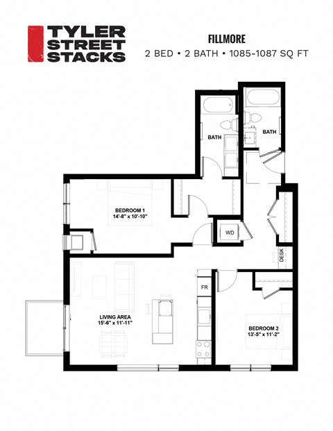 Floor plan for 2 beds, 2 baths, 1085 sqft
