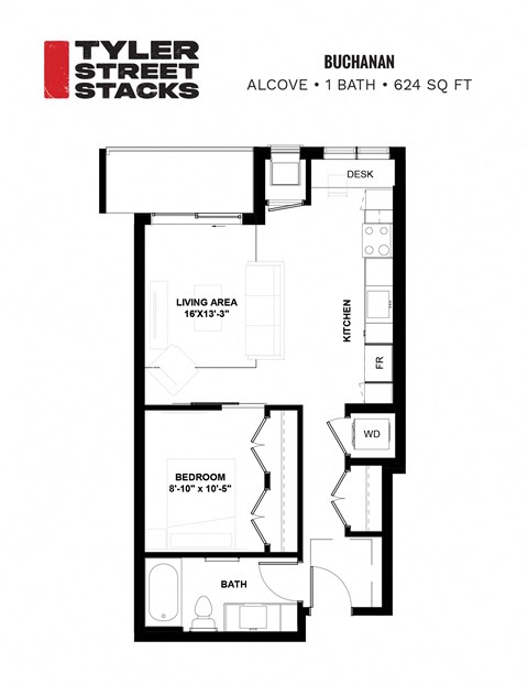 Floor plan for 1 bed, 1 bath, 624 sqft