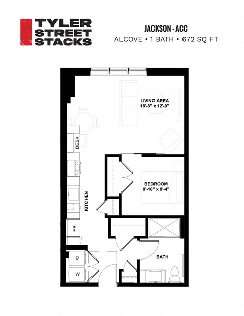 Floor plan for 1 bed, 1 bath, 672 sqft