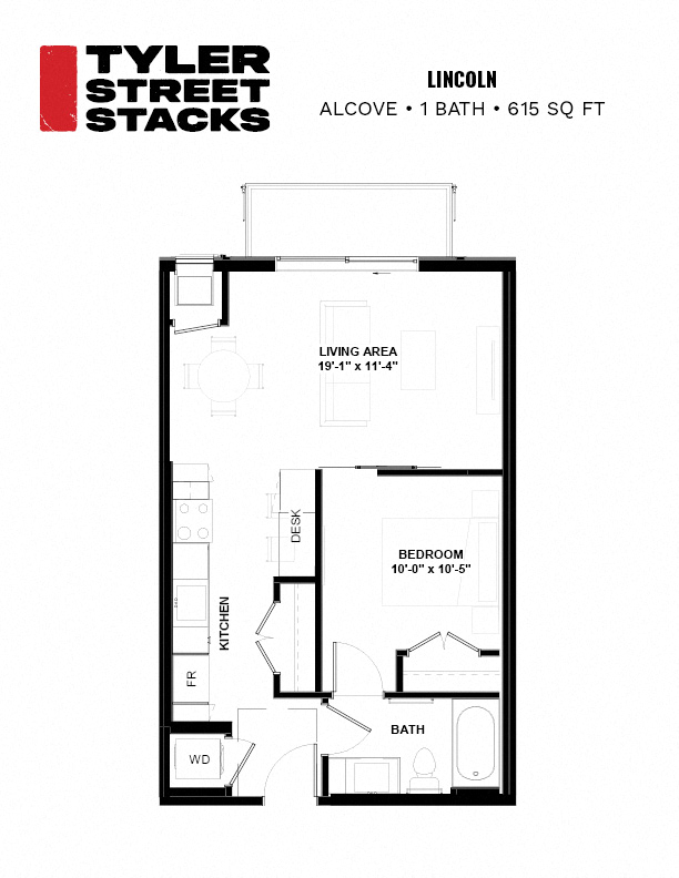 Floor plan for 1 bed, 1 bath, 615 sqft