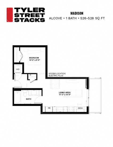 Floor plan for 1 bed, 1 bath, 528 sqft