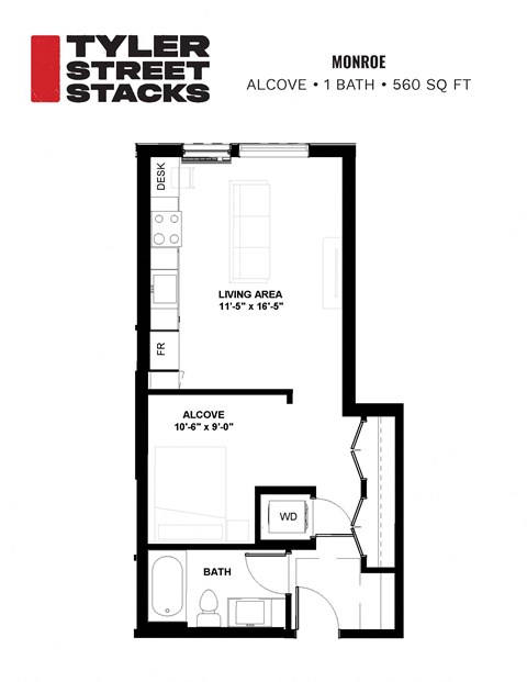 Floor plan for 1 bed, 1 bath, 557 sqft