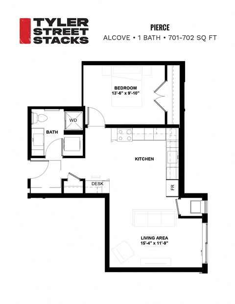 Floor plan for 1 bed, 1 bath, 702 sqft