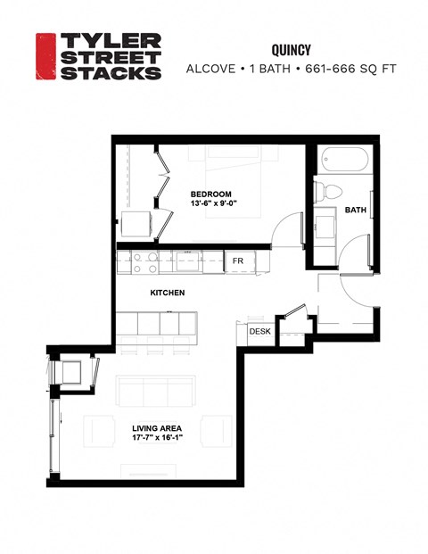 Floor plan for 1 bed, 1 bath, 666 sqft