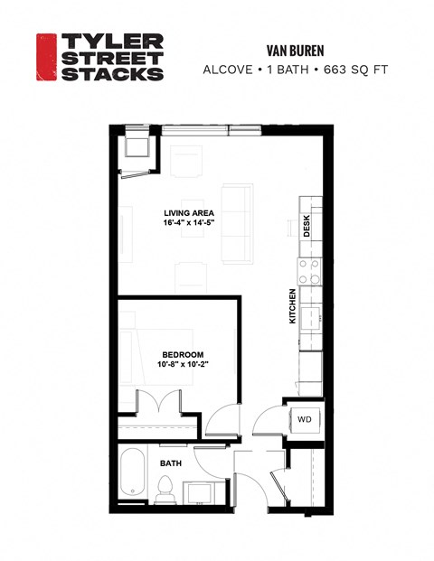 Floor plan for 1 bed, 1 bath, 663 sqft