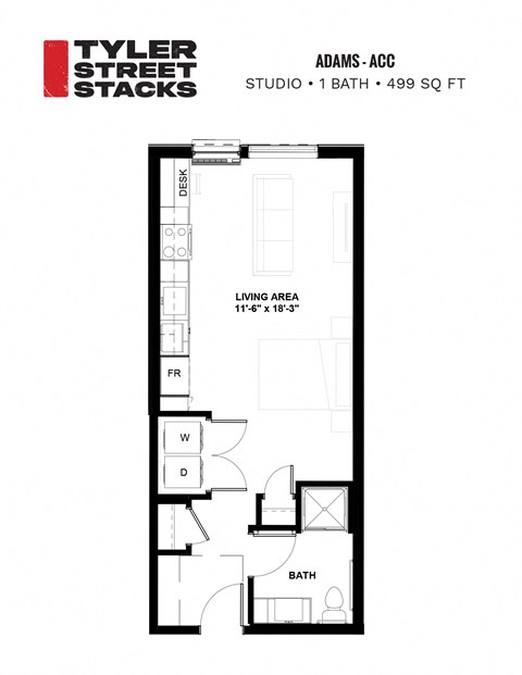 Floor plan for studio, 1 bath, 499 sqft