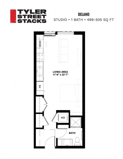 Floor plan for studio, 1 bath, 499 sqft