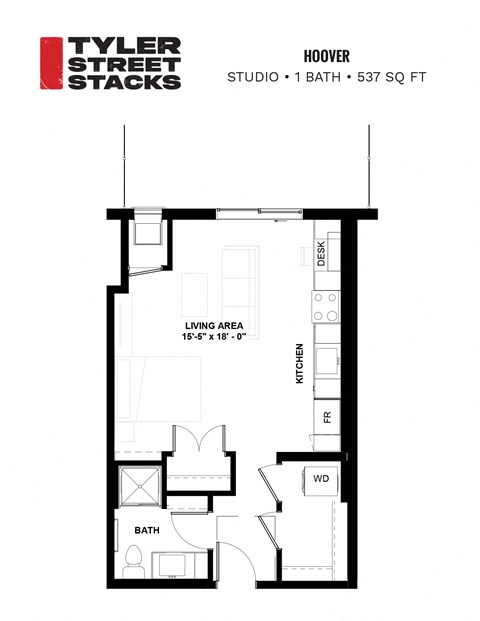 Floor plan for studio, 1 bath, 537 sqft