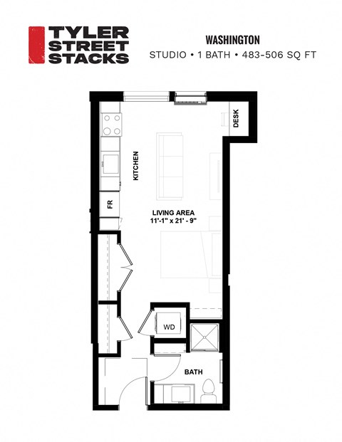 Floor plan for studio, 1 bath, 489 sqft