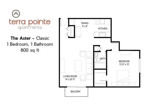 Floor plan for 1 bed, 1 bath, 800 sqft