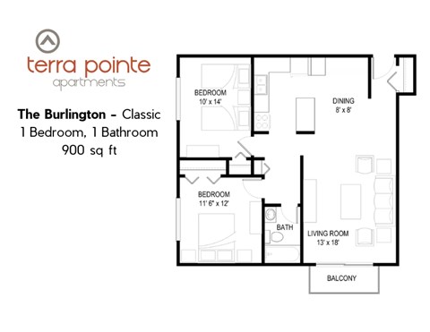 Floor plan for 2 beds, 1 bath, 900 sqft