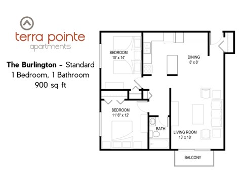 Floor plan for 2 beds, 1 bath, 900 sqft