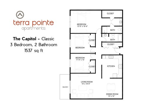 Floor plan for 3 beds, 1.8 baths, 1537 sqft