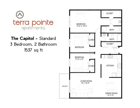 Floor plan for 3 beds, 2 baths, 1537 sqft