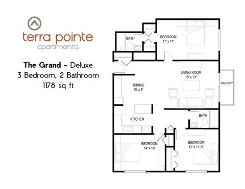 Floor plan for 3 beds, 2 baths, 1178 sqft