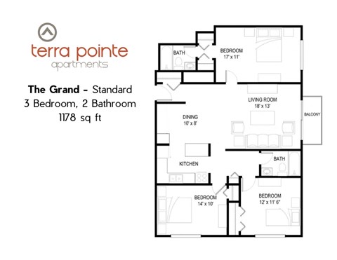 Floor plan for 3 beds, 2 baths, 1178 sqft