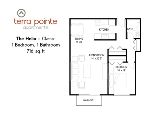 Floor plan for 1 bed, 1 bath, 700 sqft