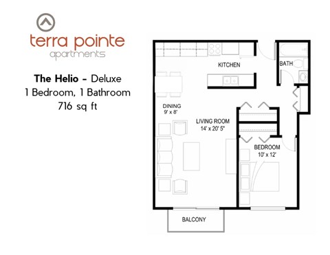 Floor plan for 1 bed, 1 bath, 700 sqft