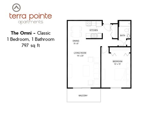 Floor plan for 1 bed, 1 bath, 768 sqft
