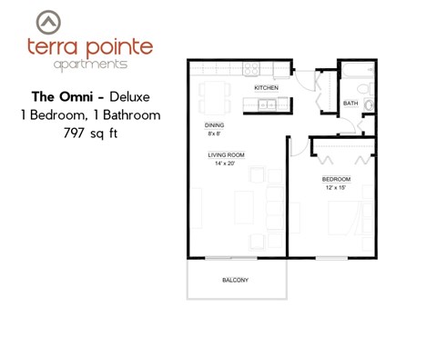 Floor plan for 1 bed, 1 bath, 768 sqft