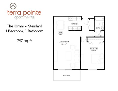 Floor plan for 1 bed, 1 bath, 768 sqft