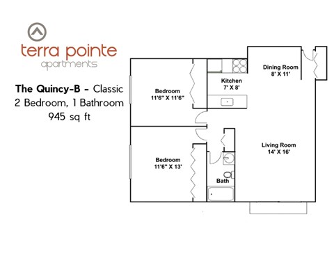 Floor plan for 2 beds, 1 bath, 945 sqft