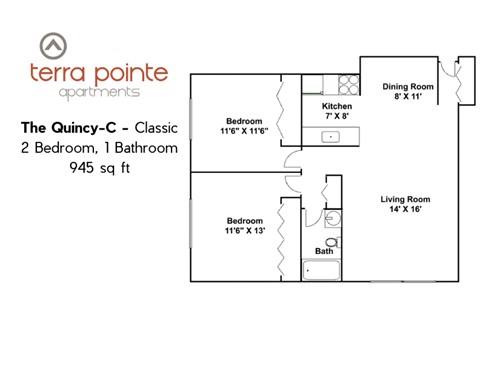 Floor plan for 2 beds, 1 bath, 945 sqft