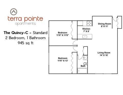 Floor plan for 2 beds, 1 bath, 945 sqft