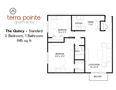 Floor plan for 2 beds, 1 bath, 945 sqft