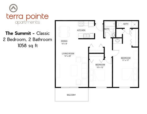 Floor plan for 2 beds, 2 baths, 1058 sqft