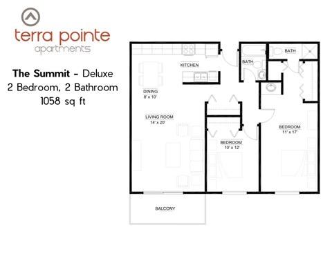 Floor plan for 2 beds, 2 baths, 1058 sqft