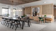 Vadnais Heights apartment for rent - A modern dining area with a long table and chairs.