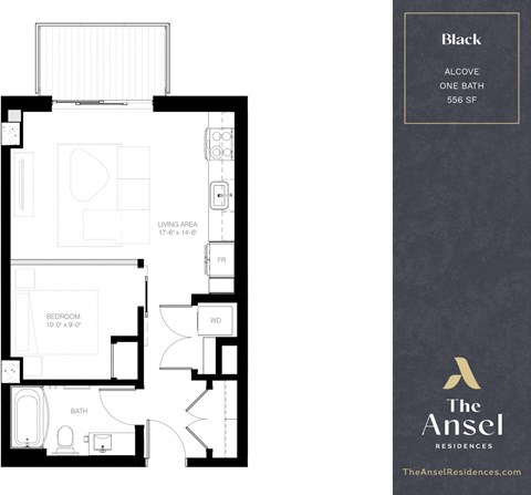 Floor plan for 1 bed, 1 bath, 556 sqft