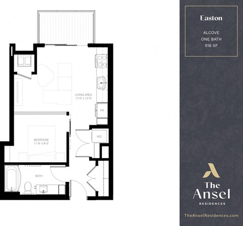 Floor plan for 1 bed, 1 bath, 516 sqft