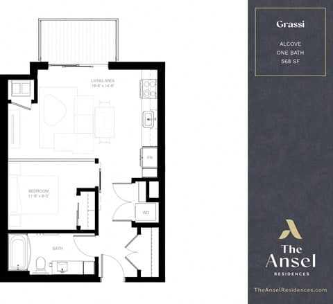 Floor plan for 1 bed, 1 bath, 568 sqft