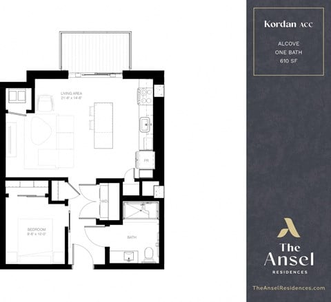 Floor plan for 1 bed, 1 bath, 610 sqft