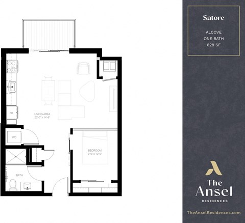 Floor plan for 1 bed, 1 bath, 628 sqft