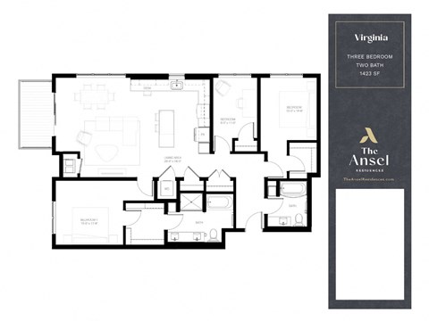 Floor plan for 3 beds, 2 baths, 1423 sqft