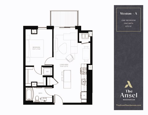 Floor plan for 1 bed, 1 bath, 675 sqft