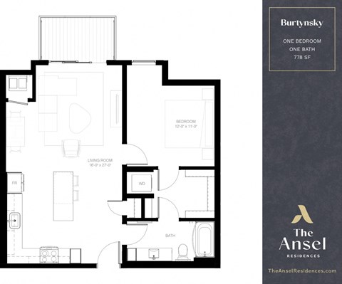 Floor plan for 1 bed, 1 bath, 778 sqft