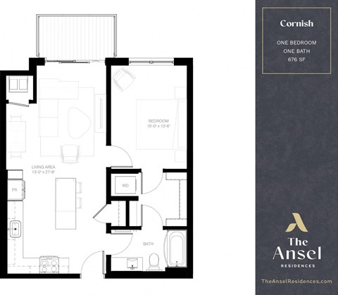 Floor plan for 1 bed, 1 bath, 676 sqft