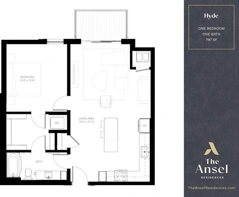 Floor plan for 1 bed, 1 bath, 797 sqft