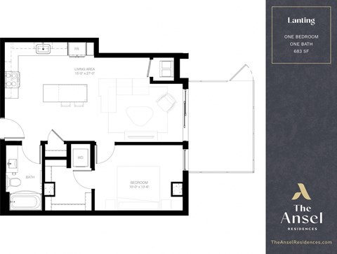 Floor plan for 1 bed, 1 bath, 683 sqft