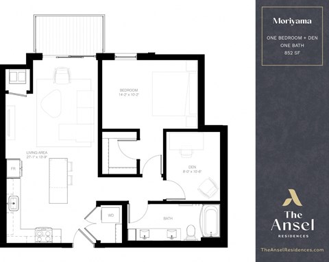 Floor plan for 1 bed, 1 bath, 852 sqft