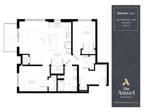Floor plan for 1 bed, 1 bath, 1089 sqft