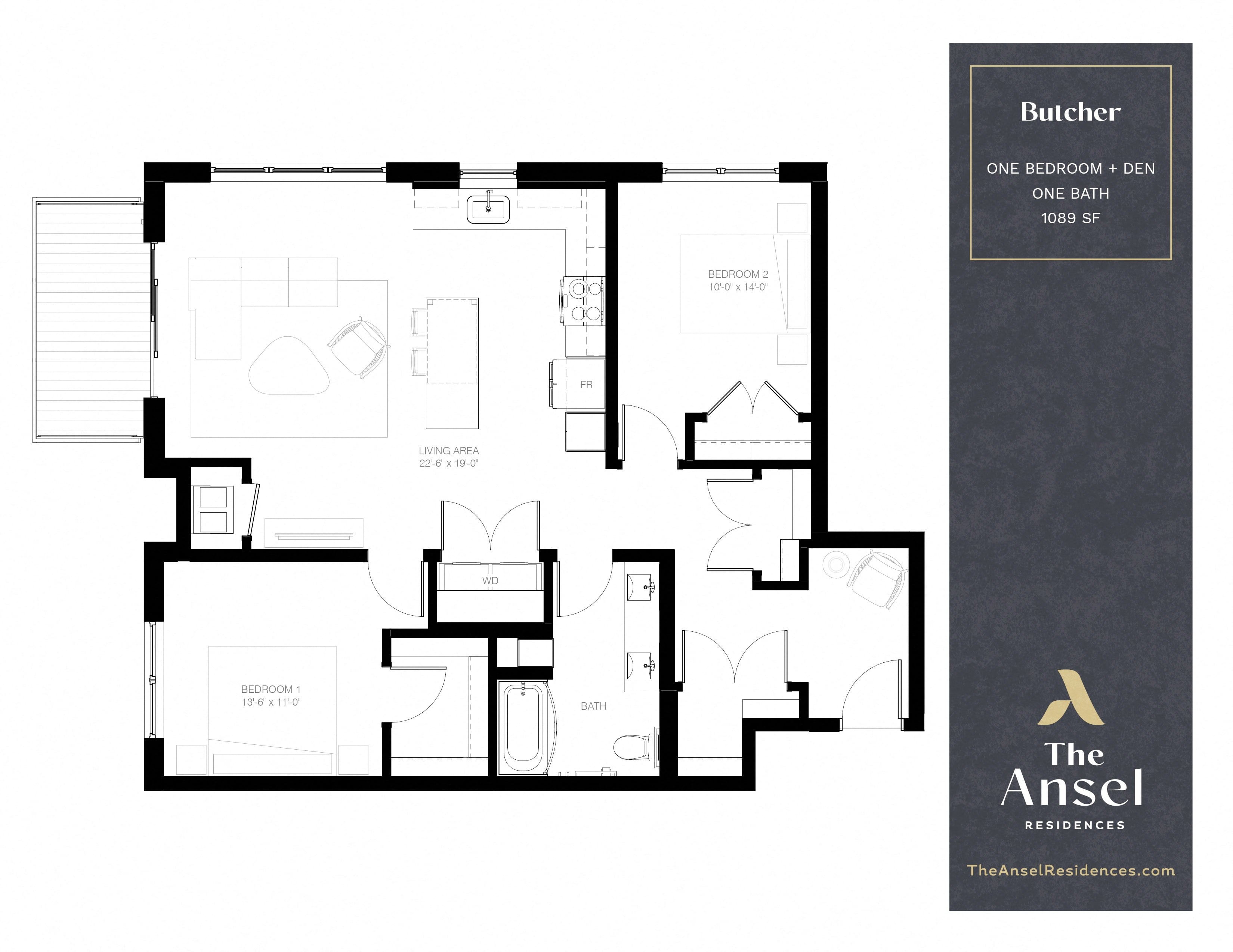Floor plan for 1 bed, 1 bath, 1089 sqft