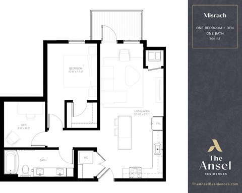 Floor plan for 1 bed, 1 bath, 795 sqft