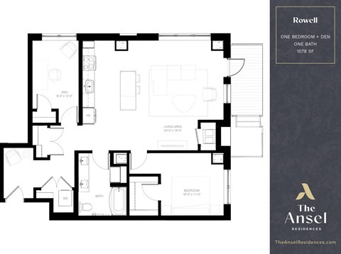 Floor plan for 1 bed, 1 bath, 1078 sqft