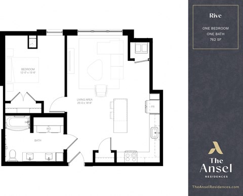 Floor plan for 1 bed, 1 bath, 762 sqft